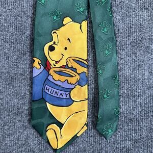 VTG Disney Winnie The Pooh Neck Tie Green Hunny Pot Bees Necktie 90s Office